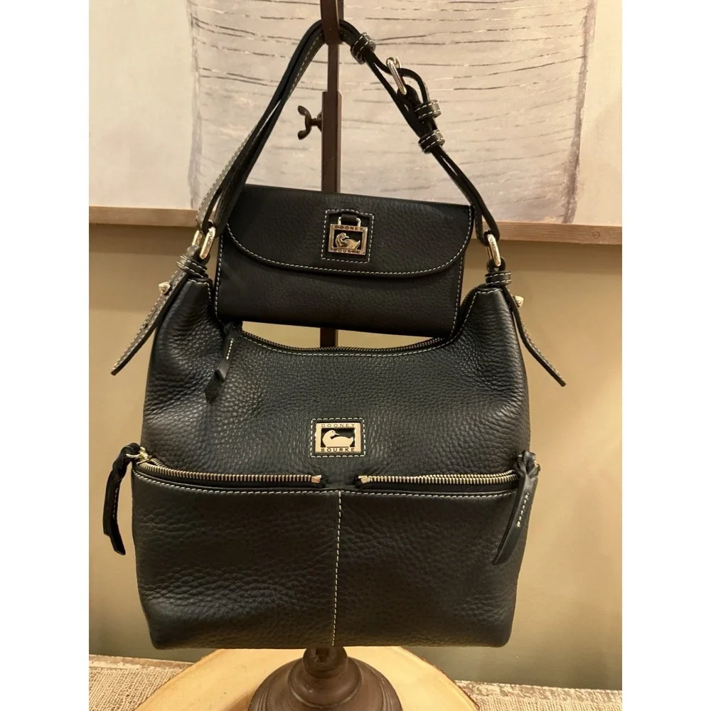 Dooney‎ & Bourke Dillen Double Pocket Black Pebbled Leather Hobo Bag & Wallet